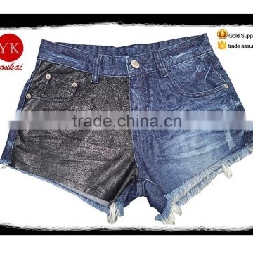 Ladies Low Waist Hole Jeans Denim Shorts Hot Pants for girl with tassel bottom leather front