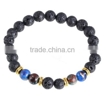 2016 HOTsell europe fashion hand Chain annulus Lapis lazuli and balck stone volcanic gold bracelet beads