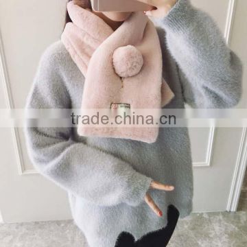 high quality 2017 early spring girl muffler solid color fake rabbit fur with post stamp woven lable teenager school scarf