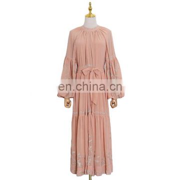 TWOTWINSTYLE Elegant Print Summer O Neck Lantern Long Sleeve High Waist Ruched Hit Color Dress Women