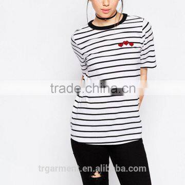 Heart stripes t-shirts o-neck girl dress design for women apparel wholesaler