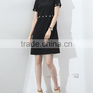guangzhou oem clothing white pearl embellishment dresses short sleeve black slim dress