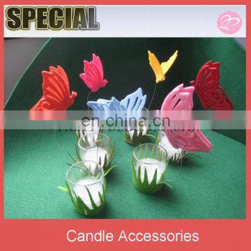 Garden style glass cup tealight candle holder with grass and butterfly