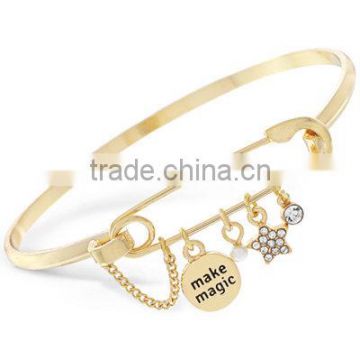 latest design fashion jewelry personalized yellow gold plated engraved Make Magic Safety Pin Charm Bracelet