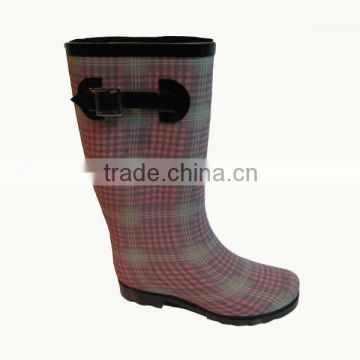 Pink plaid rubber rain boots for women
