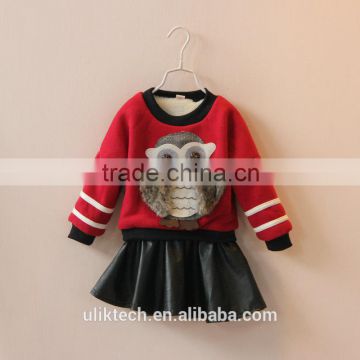 owl pattern kids clothing set long sleeve t shirt with leather skirt red black 2 colors
