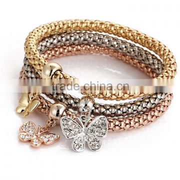 Wholesale amazon crystal 3color set jewelry rose gold silver butterfly pendant bangle 18k gold bracelet