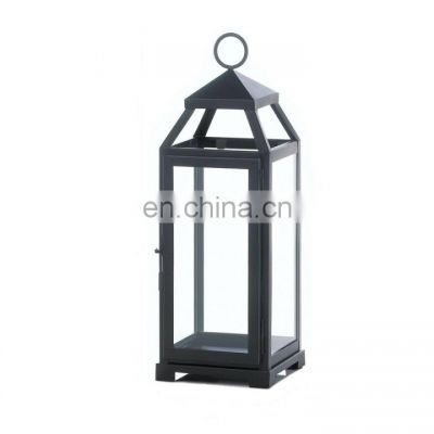 Middle size black iron frame and slanted glass panels metal lantern candle lantern for home wedding decoration centerpiece