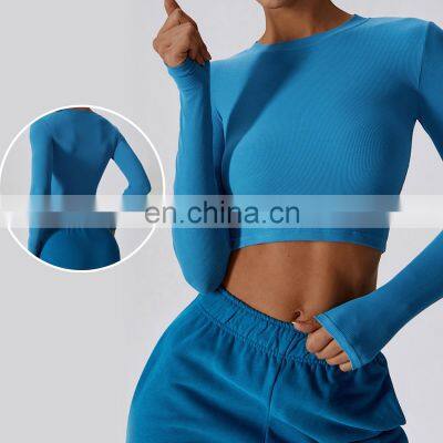 Custom Ribbed Long Sleeve Cropped Gym Tank Tops Sweat-Wicking Sports Shirt For Women 96rayon 4spandex