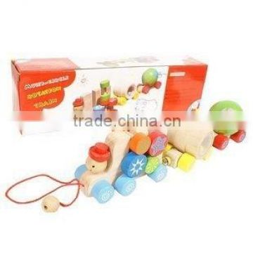 Kids wooden train set pull along toy,wooden block train toy