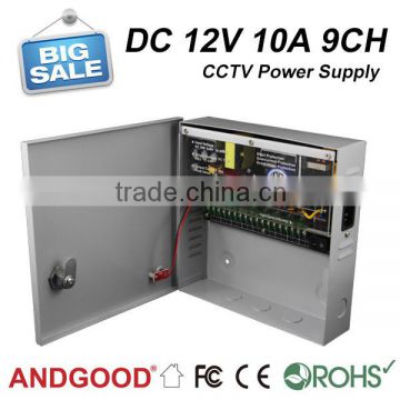 High quality 120W DC 12V 10 A 9 ch cctv power supply without backup
