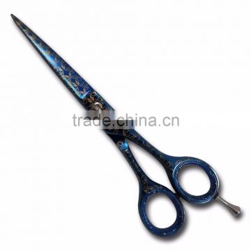 Blue colour engraved straight Barber Scissor