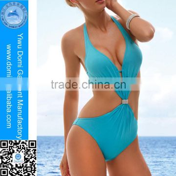 Factory direct sales!!! Yiwu Domi One piece metal jewel solid blue sexy girls bikini monokini swimsuit