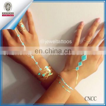 Hand Metallic Jewelry Temporary Tattoos with Matching Gold Rings for Women