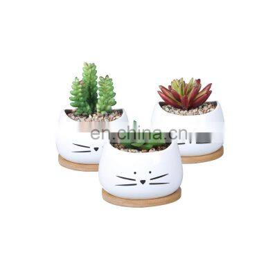 Custom cat shaped cute ceramic vase succulent flowerpot flowers Planter Plant Pot with bamboo tray