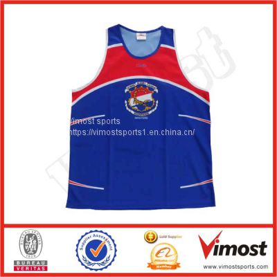 Round Neck Customized Sublimation Running Singlet of Blue and Red Color