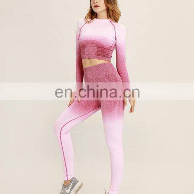 2pcs/set Women Sport Suit Workout Clothes Long Sleeve Fitness Crop Top + High Waist Seamless Leggings womens gym wear set