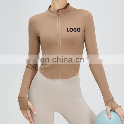Autumn New Tumb Hole Long Sleeve Gym Yoga Crop Top Full-Zip Slim Fit Outdoor Jogging Active Wear Women Fitness Sports Jacket