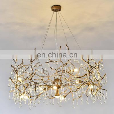 Luxury Modern Crystal Chandelier Lighting Gold Copper Tree Branch Raindrop Hanging Lamp for Hotel Project Villa