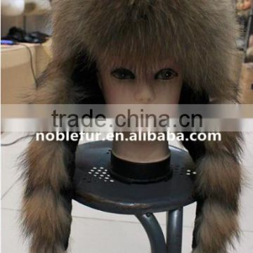 New Brand Winter Bomber Hat Women Real Raccoon Fur Long Ears Cap