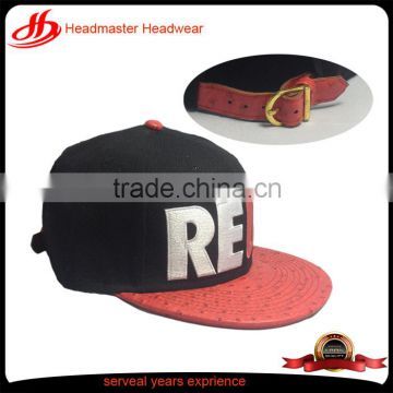 Hot Sale Applique 6 panel snapback hat Red Broken Hole Leather Brim Metal Strap Black Acrylic Snapback Caps And Hats