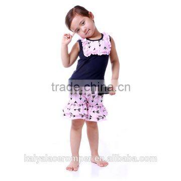 wholesale boutique outfit for baby girl ruffle pink bib top matching sets ruffle black dot pants summer children clothes