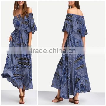 Woman Fashion Tropical Print Strapless Draped Elastic Waist Chiffon Maxi Dress