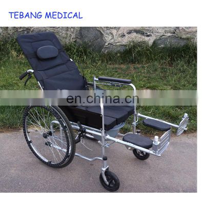 Light weight stainless steel Foldable half lying manual reclining commode wheelchair for old people and disabled