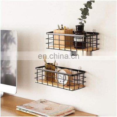 Top1 Black Metal Storage Holder Basket with Wood Base Decorative Baskets Wire Basket For Organizing Small Tableware