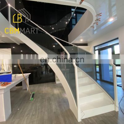Luxury modern solid wood stair treads glass stair railing design curved staircase indoor for homes