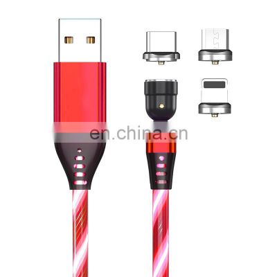 Hot selling 540 degree Rotation  3 in 1 Led Flowing Light Magnetic Usb data Charging Cable For Smartphone