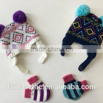 custom fairisle jacquard pattern baby beanie winter hat with fun poms
