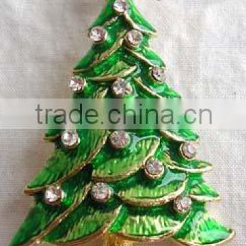 Crystal & Green Enamel Christmas Tree Brooch