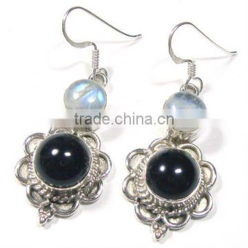 Genuine blue moonstone and black onyx silver dangle earrings