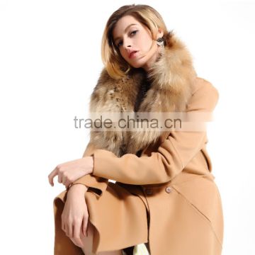 Top Grade Fashion Women Winter Wool Coat Moveable Fox Fur Collar Double Side Cashmere Blends Double Breasted Slim Coat