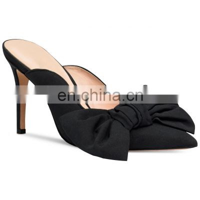 Women high heel bow tie black color pointed toe ladies sandals shoes