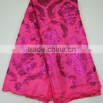 Latest design popular embroidery silk lace color fuchsia pink 100% cotton korea silk fabric