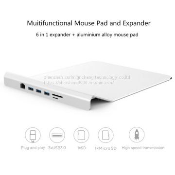 Multifunctional Aluminum Alloy Mouse Pad  6 in 1 Expand Docks USB Hub with RJ45 USB 3.0 Micro SD and SD Card Ports for Laptop