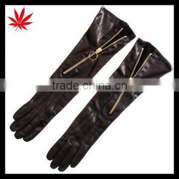 Long Black Leather Gloves with Diagonal Zip for women