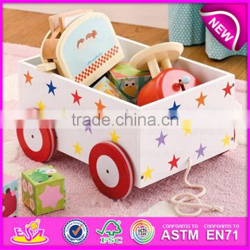 MDF pull and push kids wooden toy box,Wooden Storage Box with 4 Wheels,pulled cart toy W08C128