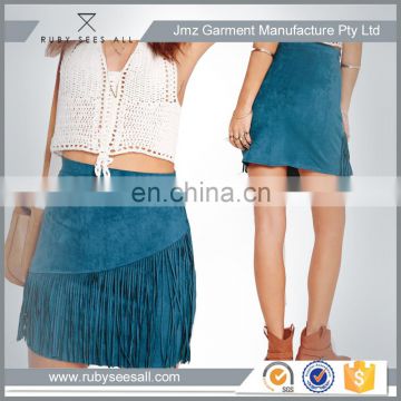 faux suede fringed short pencil skirt knee blue