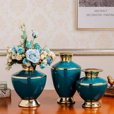 Retro European Gild Electroplate Fashion Large Blue Ceramic Vase For Coffee Shop