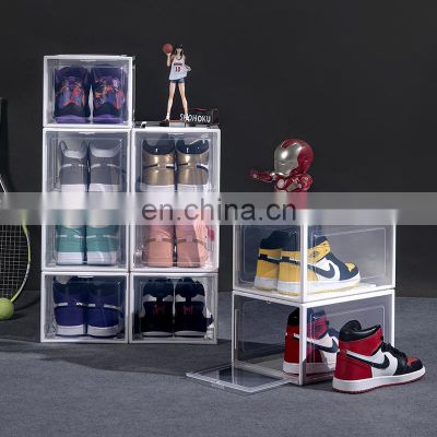Clear view  dustproof waterproof stackable sliding front open  pp transparent shoe storage box plastic case with wheels