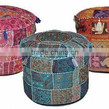 Round Patchwork Embroidered Ottoman Pouf Cover indian Traditional Ottoman Pouf Cover