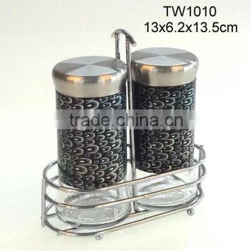 TW1010 2pcs glass spice jar set with metal casing and rack