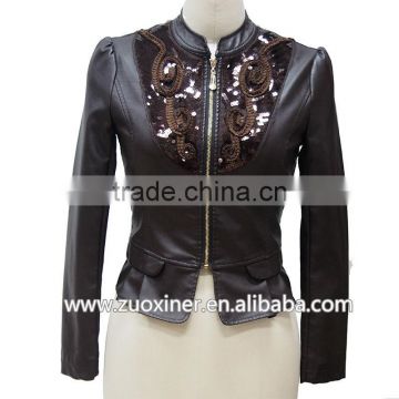 2014 newst style women's fashion lace with leather pu jacket