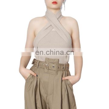 TWOTWINSTYLE Sexy Cross Knitwear For Women Irregular Collar Sleeveless Backless Ruched Minimalist