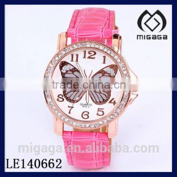 fashion zircon bezel big butterfly dial face women's watches*pink strap butterfly dial watch for women