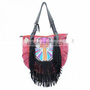 Deco Tribal Pattern Half Moon Handbag Leather Tassels