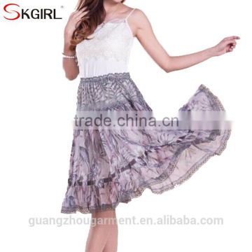 Wholesale large size printed chiffon skirts with puffy lace tulle overlay for adult mature women